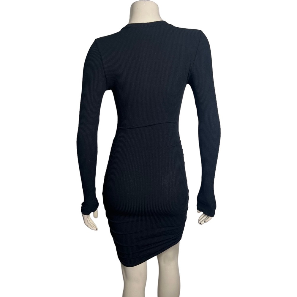 Black Ribbed Long Sleeve Side Ruched Mini Bodycon Dress - Picture 4 of 9